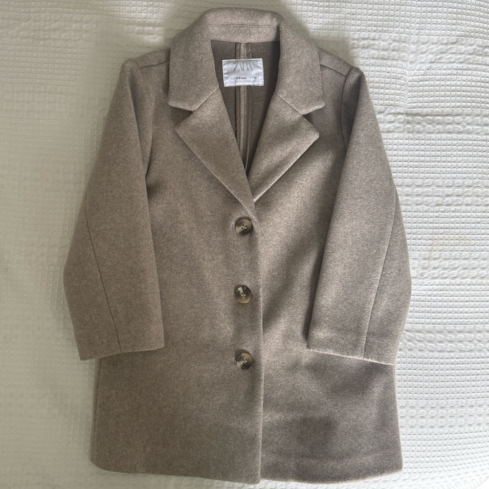 ZARA Kids Taupe/Beige Single-Breasted Wool-Blend Coat